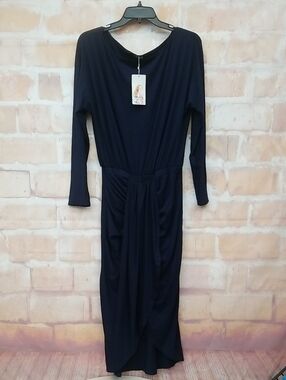 NWT PrettyGarden Women's Navy Long Sleeve Draped Midi Dress Size M
